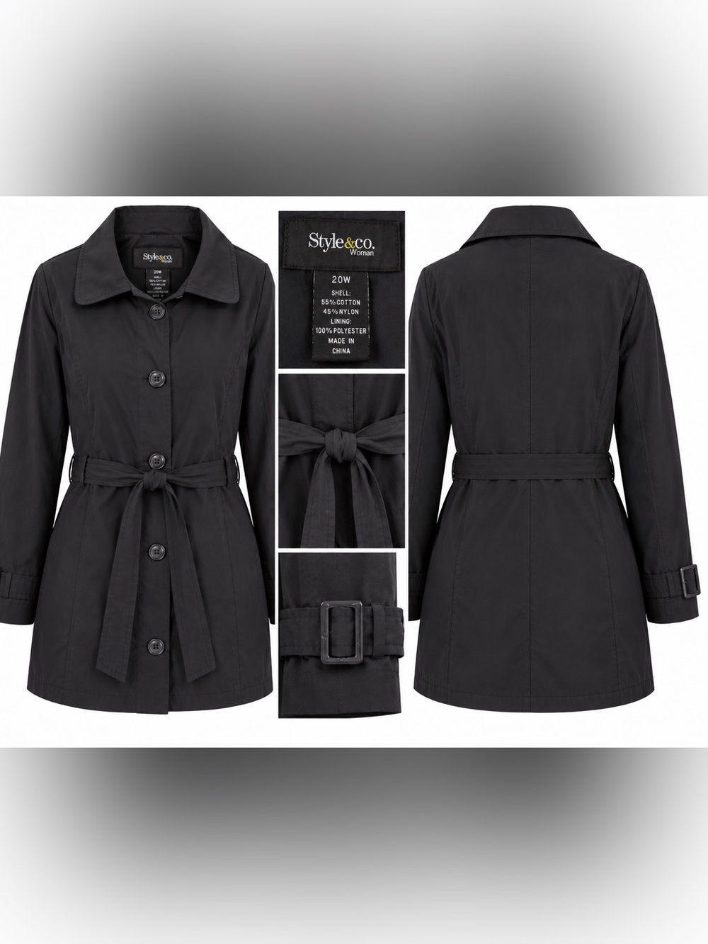 Style & Co Woman Black Belted Trench Coat Jacket Plus Size 20W
